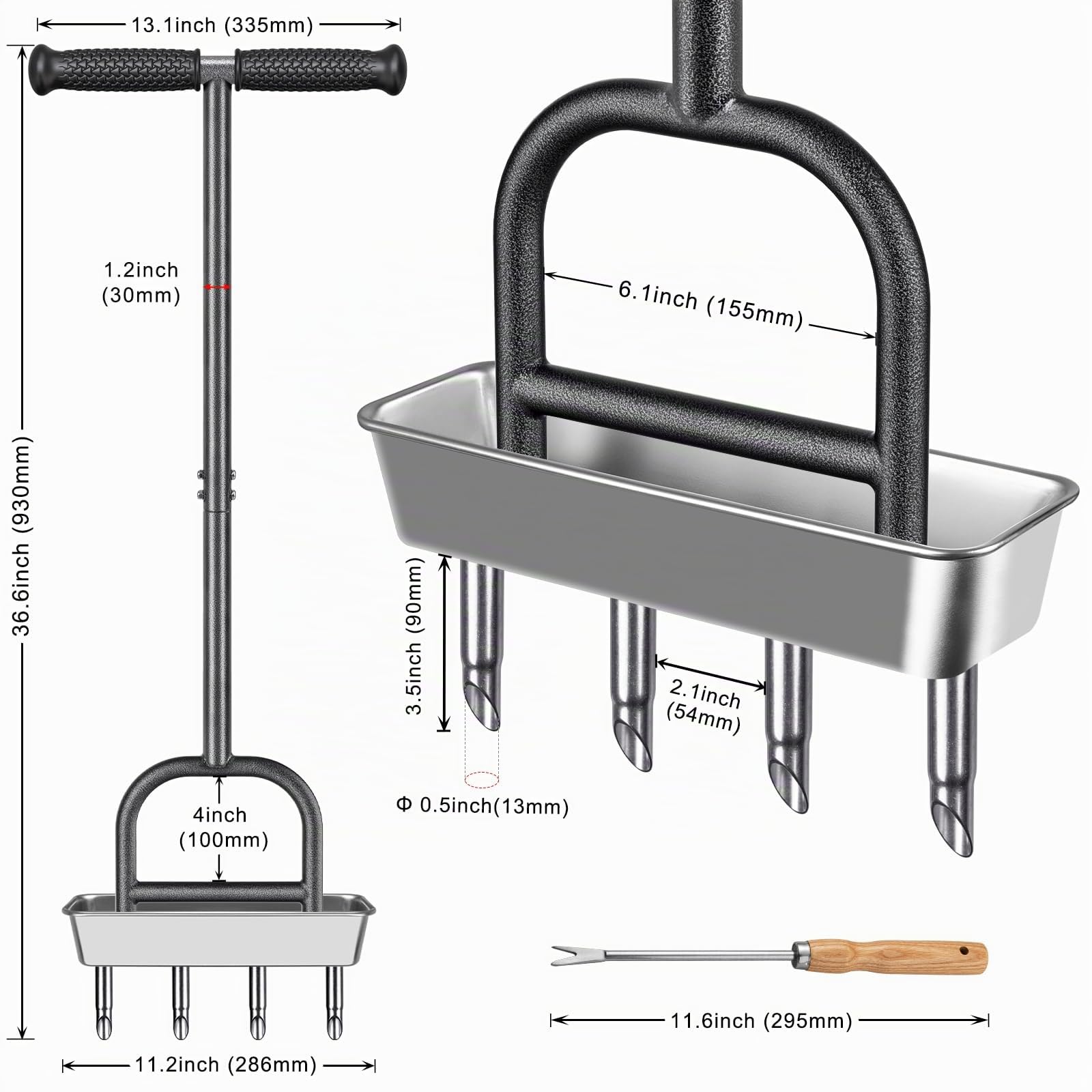 Aérateur de carottage de pelouse, aérateur Manuel à 4 cœurs en Acier Inoxydable pour aération de Cour et de pelouse, Outil d'aération Durable avec poignée en Caoutchouc Souple pour