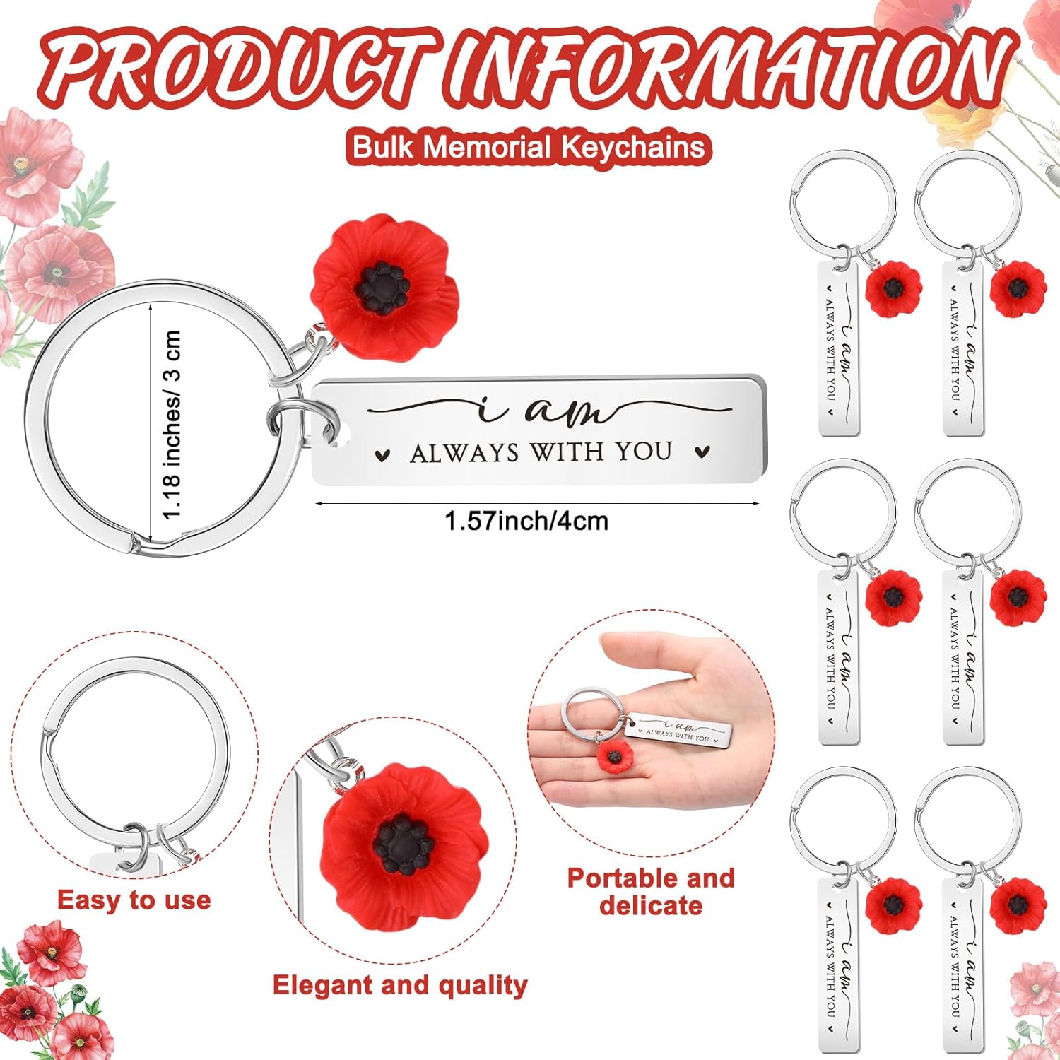 Landical Poppy Funeral Favor, Celebration of Life Favors for Memorial Day, Stainless Steel Keychains with Card, Organza Bag
