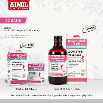 AIMIL Amycordial Forte Syrup - 200ml | Women Wellness | Feminine Tonic | Enriched with Antioxidants | Ashoka, Lodhra, Shatavari