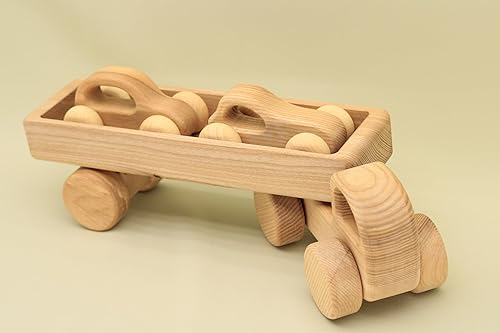 Free Shipping Handmade Organic Natural Wooden Car with Trailer Montessori and Waldorf Educational Vehicles Perfect Gift for Little Boys and Girls