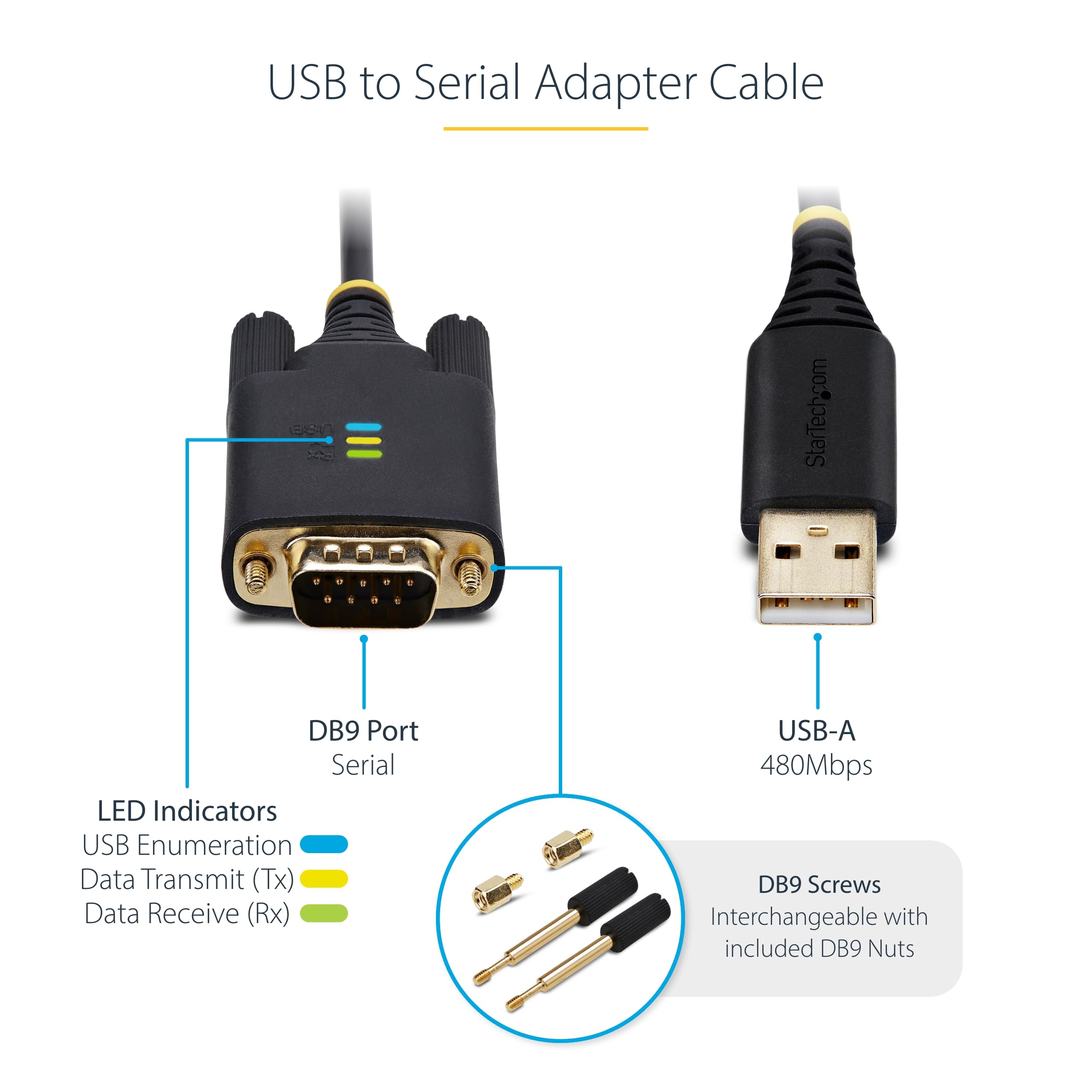 StarTech Cavo USB a Seriale Null Modem RS232 DB9 1m con Chip FTDI, Retention COM, Indicatori LED, Viti e Dadi DB9 Intercambiabili