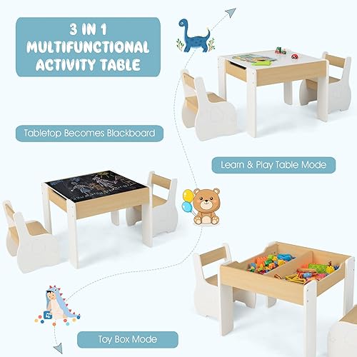 Miniatura 3 de INFANS Juego de mesa y silla para niños 3 en 1, mesa multiactividad de madera con almacenamiento removible en la parte superior, pizarra desmontable