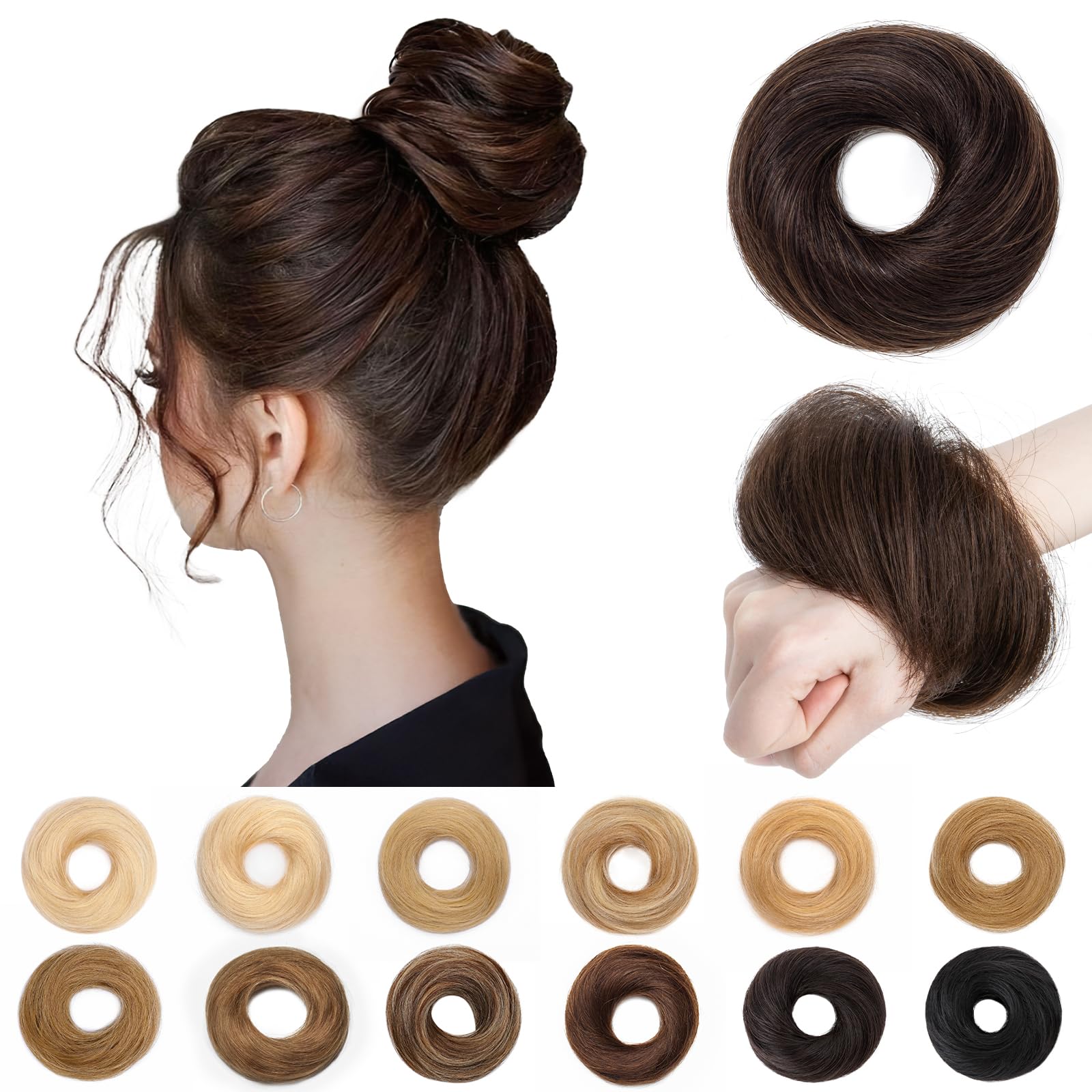 SEGO Pro Real Human Hair Messy Bun Scrunchie, Donut Bun Hair Piece for Women - Straight, 2# Dark Brown, Pack of 1
