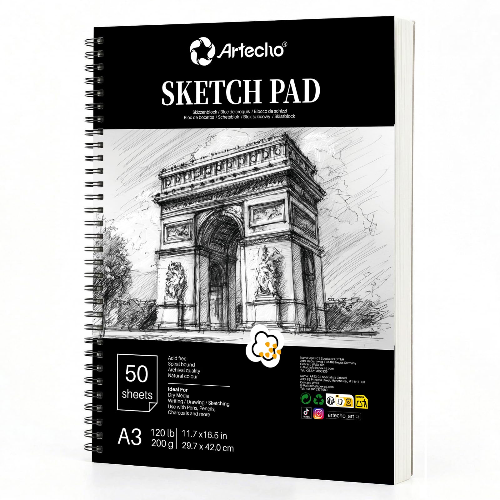 Artecho A3 Sketch Book, 200gsm Hardcover Spiral Bound Sketch Pad, 50 Sheets Acid Free Drawing Paper for Pencil, Charcoal, Pastel and Large Sketching
