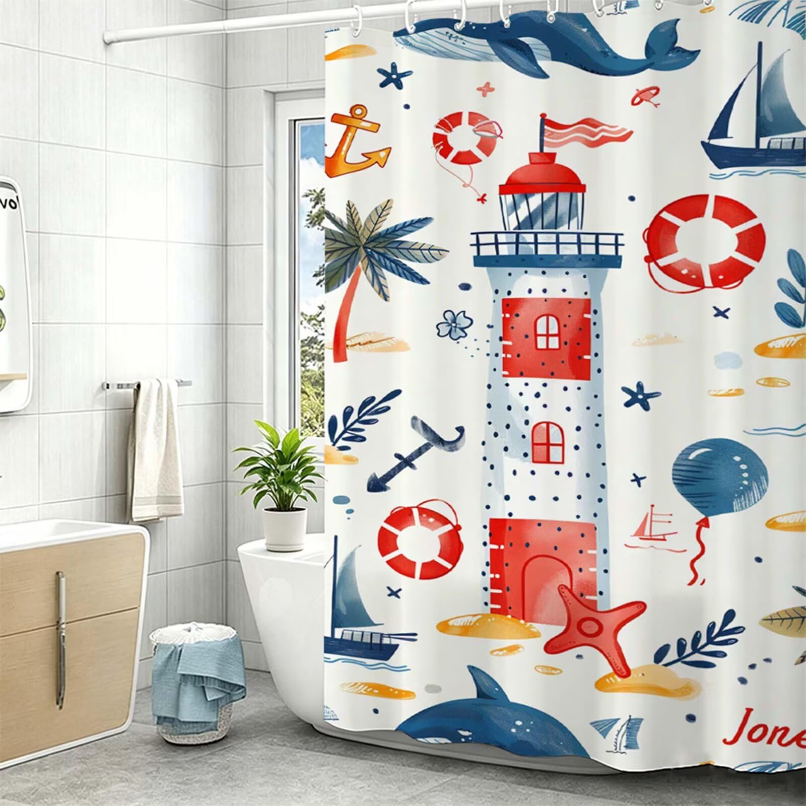 Tenda Doccia in Poliestere Bianco, Tende per Doccia Extra Lunga 240x200cm, faro Tenda Vasca da Bagno Tessuto Lavabile, Impermeabile e Facile da Pulire, con 12 Ganci, Decorazione per Bagno, Hotel Z-400