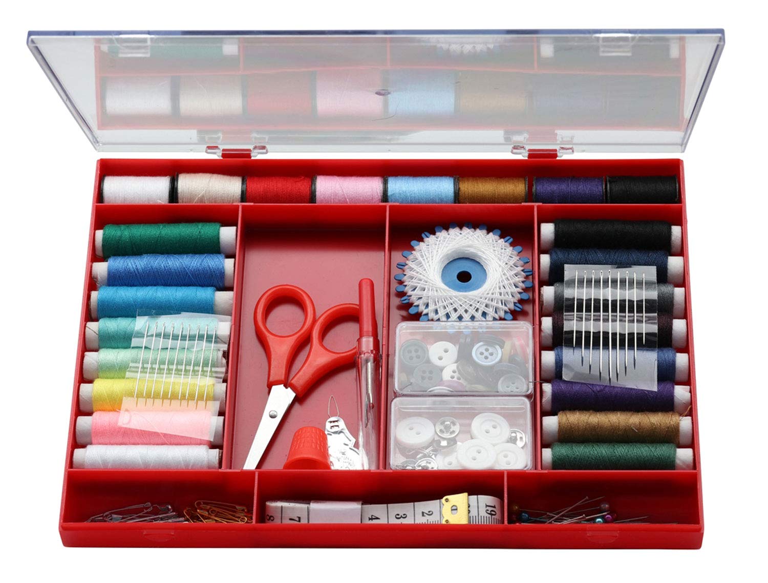 Glorex GmbH Assortment 196 Piece Plastic Box Kit with Scissors, Tape Measure, Sewing Thread, Buttons, Thimble, Needles, Threader, Bra Fasteners and Safety Pins, Multicoloured, Unbekannt