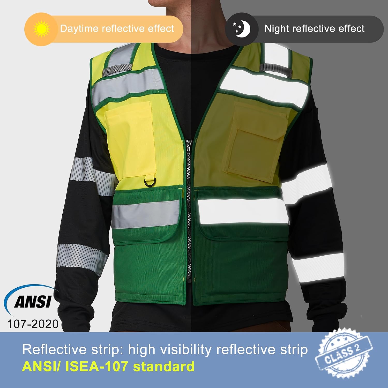 A-SAFETY High Vis Reflective Safety Vest for Men Women Zipper Ipad Pockets Mesh Construction Apparel Neon Vest for Work image 3