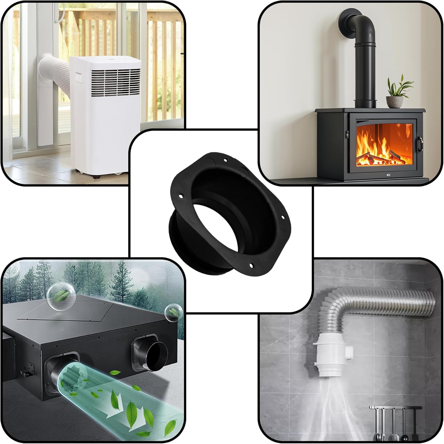 2Pcs 4 Inch Duct Connector Flange, ABS Plastic Wall Plate, Square to Round Straight Pipe Fitting for Heating, Cooling, Ventilation, Exhaust Fan, HVAC System, Dryer Vent, Black