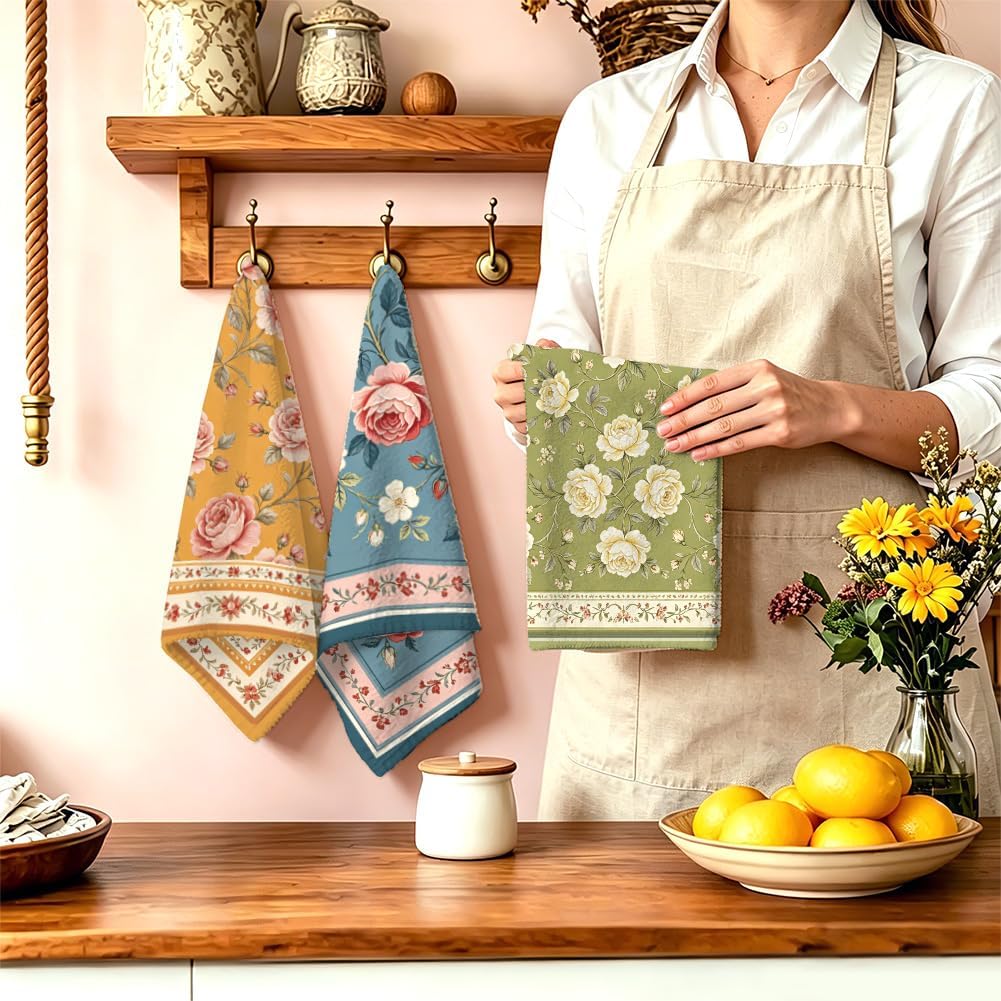 MAYJOYDIY 4 Pcs Vintage Flowers Kitchen Towels 26x17.7 Inch Pink Rose Hand Dish Towels Floral Borders Drying Dish Cloth for Cooking Home Bathroom Kitchen Retro Decor Housewarming Gift image 2