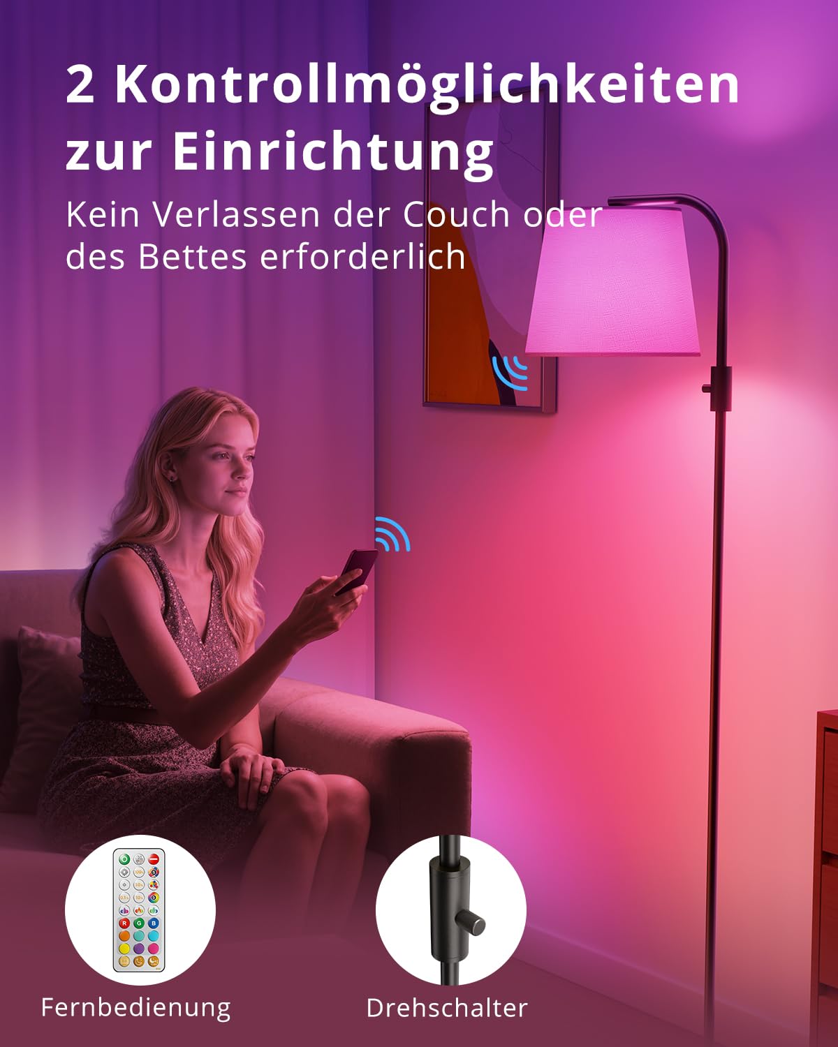 LED Bogen-Stehlampe für Wohnzimmer, 165 cm, mit magnetischer Fernbedienung, RGB-Farbwechsel, stufenlos dimmbar, 1600 K Amber & 4000 K Neutralweiß, 10 W 1200 lm, 350° schwenkbarer Leinenschirm