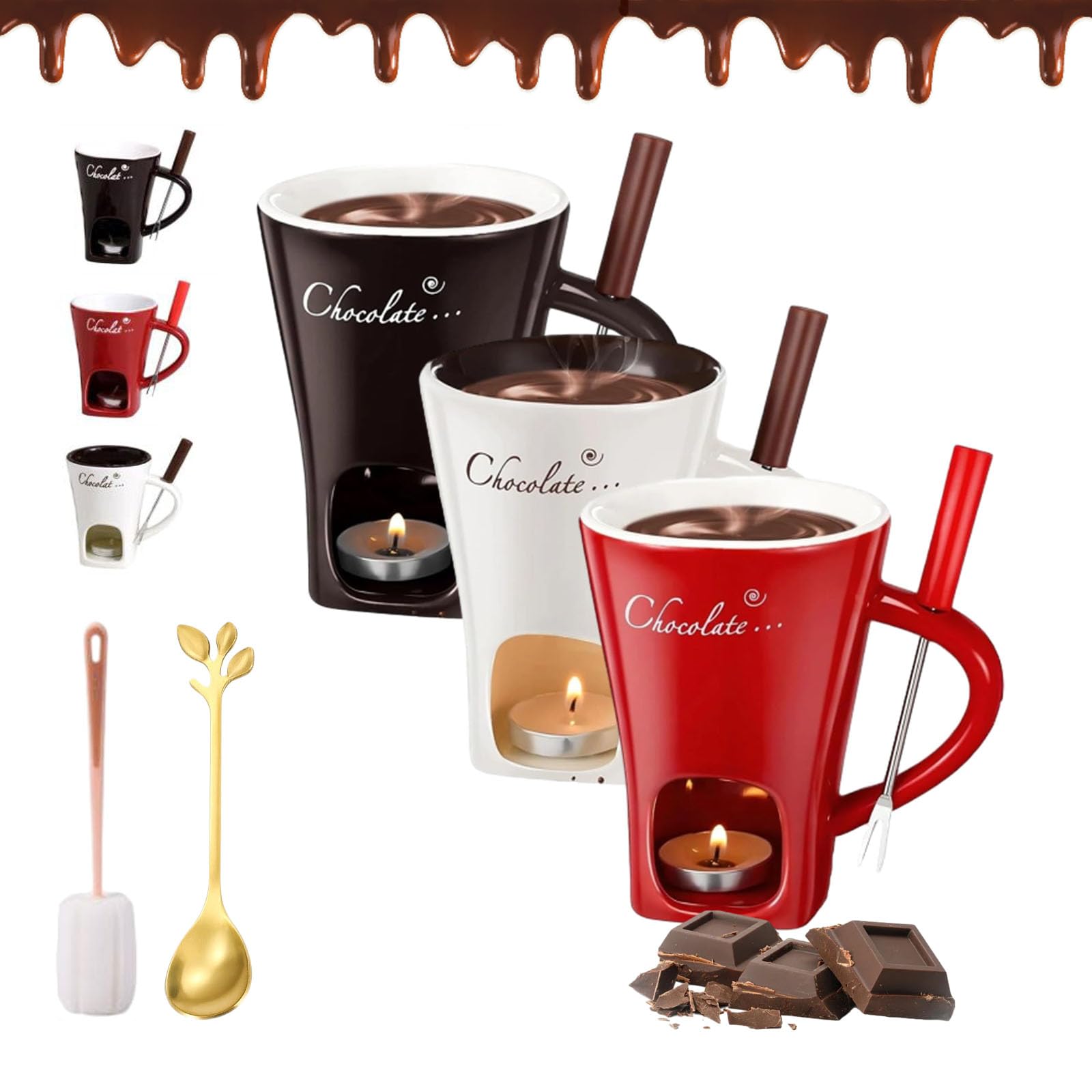 New Upgrade Fondue Mug, Chocolate Fondue Mug, Chocolate Melting Cup with Forks, Multi-Purpose Ceramic Melting Cup, Fondue Heated with a Tealight, Warmer Set for Cheese Chocolate & Butter (D*3)