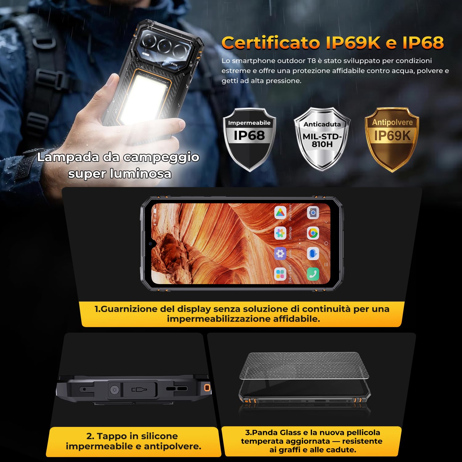 HOTWAV T8 Rugged Smartphone Android 16 Telefono Indistruttibile | 12GB+64GB/2TB TF Cellulare Robusto, 6200mAh 6.75" HD+ 5MP+20MP, Gemini AI, NFC/Face ID/OTG/GPS/Dual SIM 4G