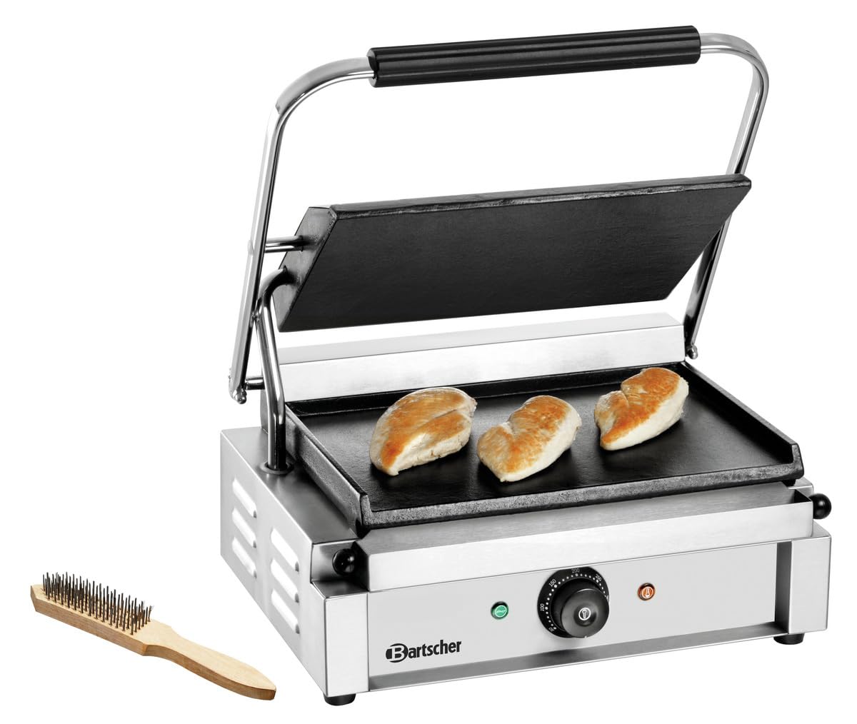 Bartscher Kontaktgrill Panini 1G – elektrischer Grill mit glatter Gusseisenplatte, 230 V, 2,2 kW, für Gastronomie, silbergrau, inkl. Reinigungsbürste