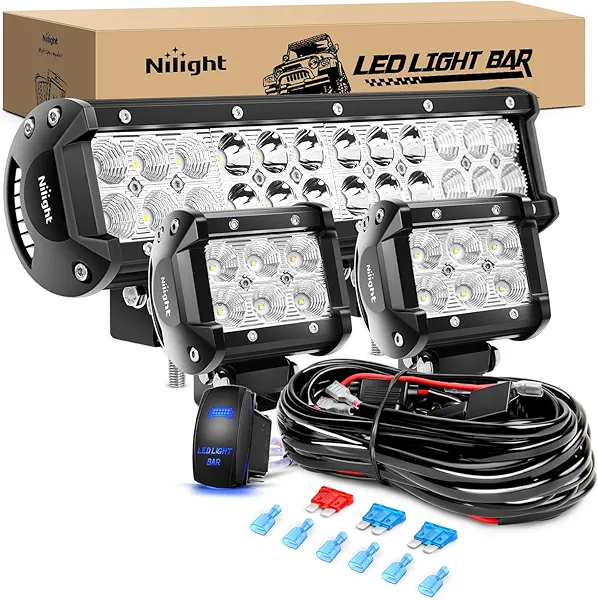 Nilight 12 Inch 72W Led Light Bar Spot Flood Combo 2PCS 4 Inch 18W Led Pods Boat Lights Driving Fog Lights Work Light for Trucks Off Road w/Rocker Switch Wiring Harness- 3 Leads, 2 Years Warranty