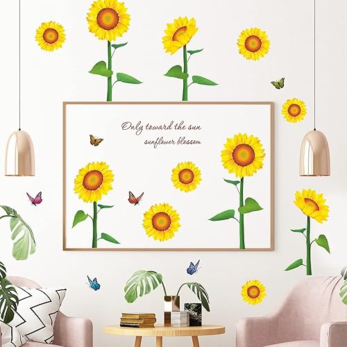 Miniatura 3 de Adhesivo de pared de girasol, diseño de flores y mariposas, calcomanías de pared para dormitorio, vinilo extraíble, decoración artística de vinilo