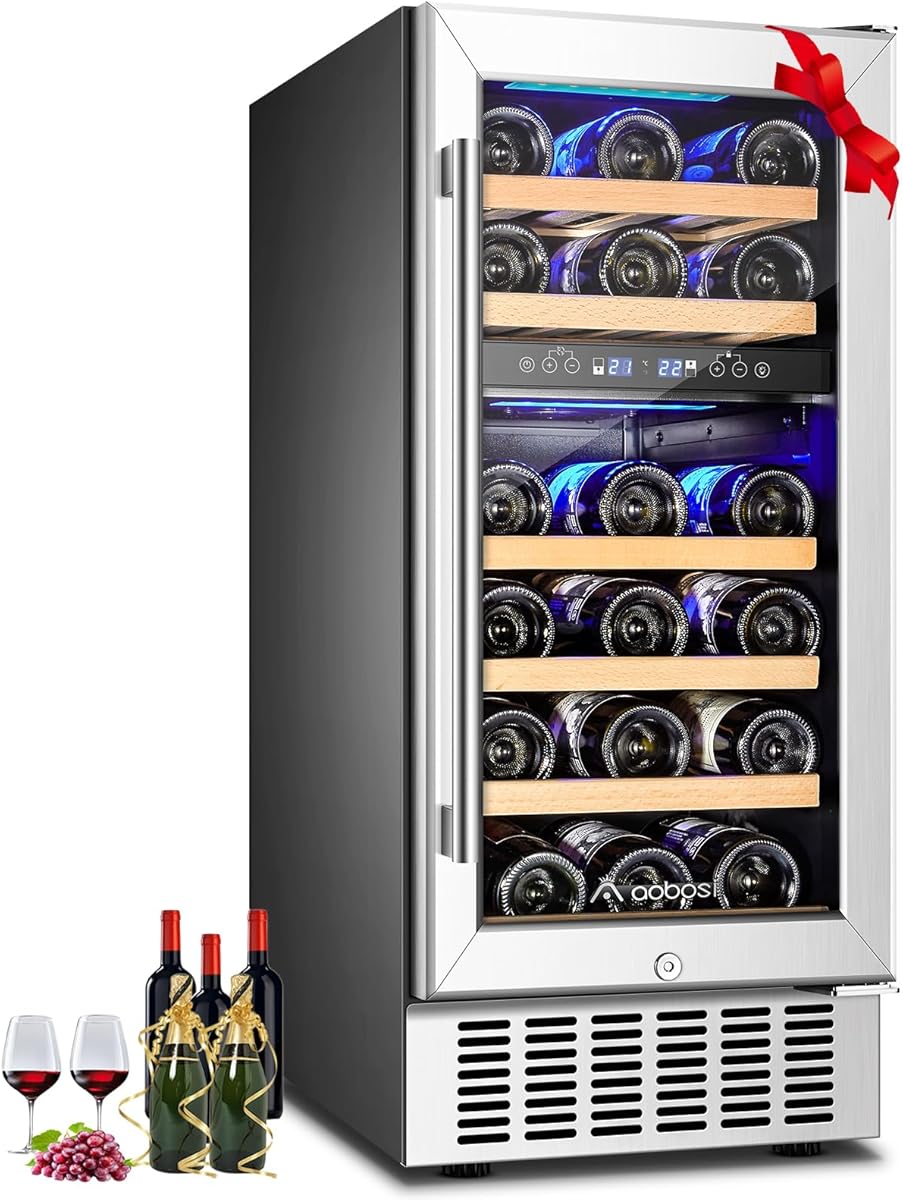 AAOBOSI 15 Inch 28 Bottles Wine Fridge,41-68°F Dual Zone Wine Cooler, Visualized Temperature Regulation, Designed For Large Wine Bottles, 5 Adjustable Shelves,Temperature Memory Function