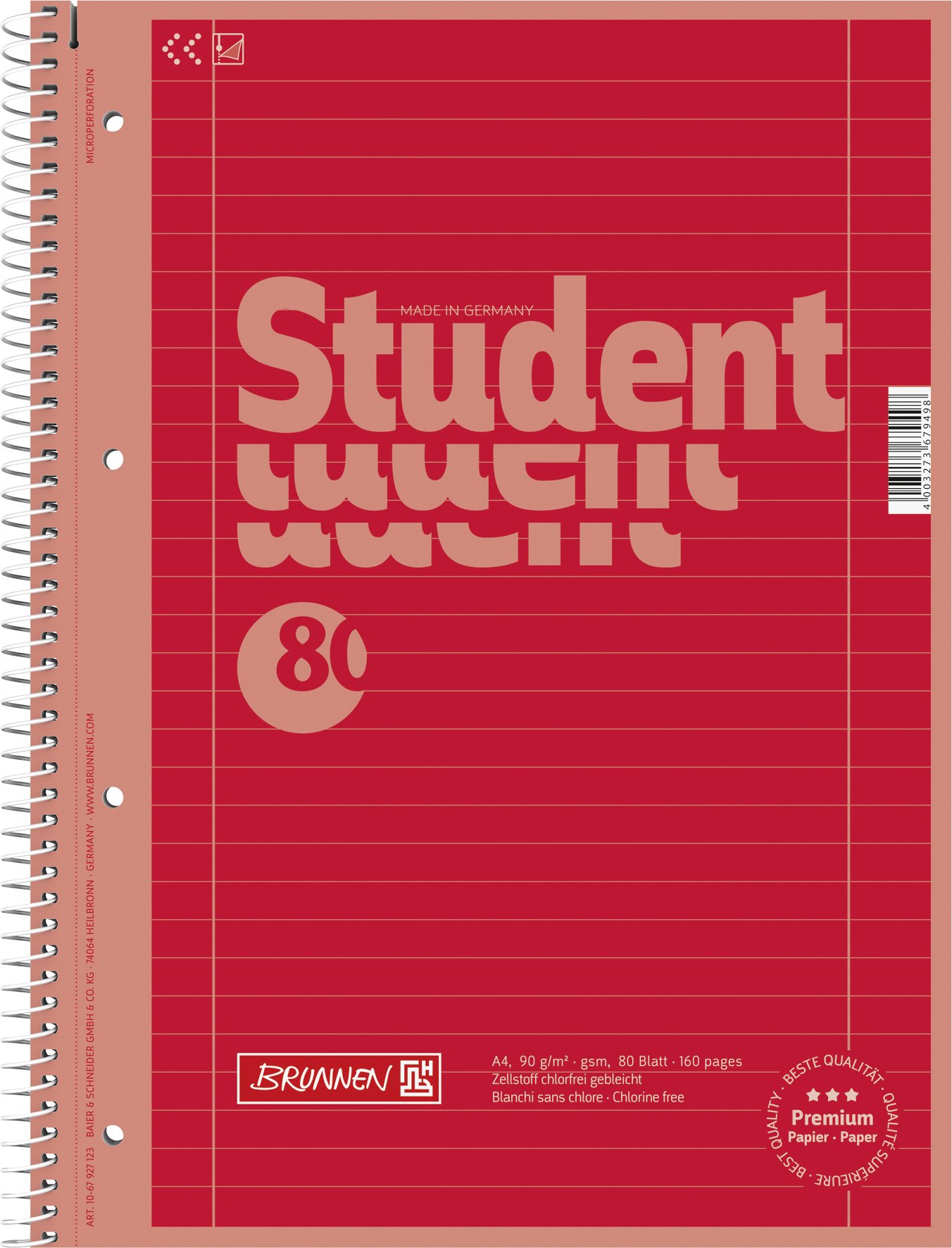 Brunnen 1067927126 Colour Code Student Notepad (A4 Ruled, line Style 27, 90 g/m², 80 Pages) red
