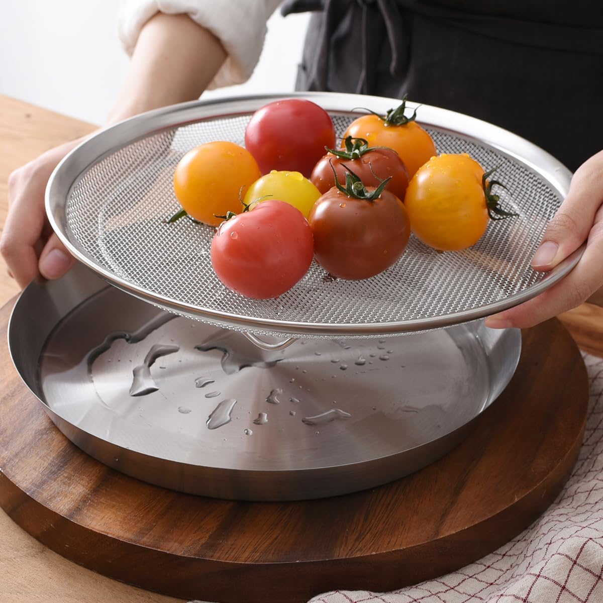 Stainless Steel Mesh Tray Set with Drip Pan, Air Fryer Basket and Tray, Kitchen Colander, Vegetable and Fruit Strainer, Food Filter, BBQ Prep Tool, Fruit Serving Dishes (11.42 inch)