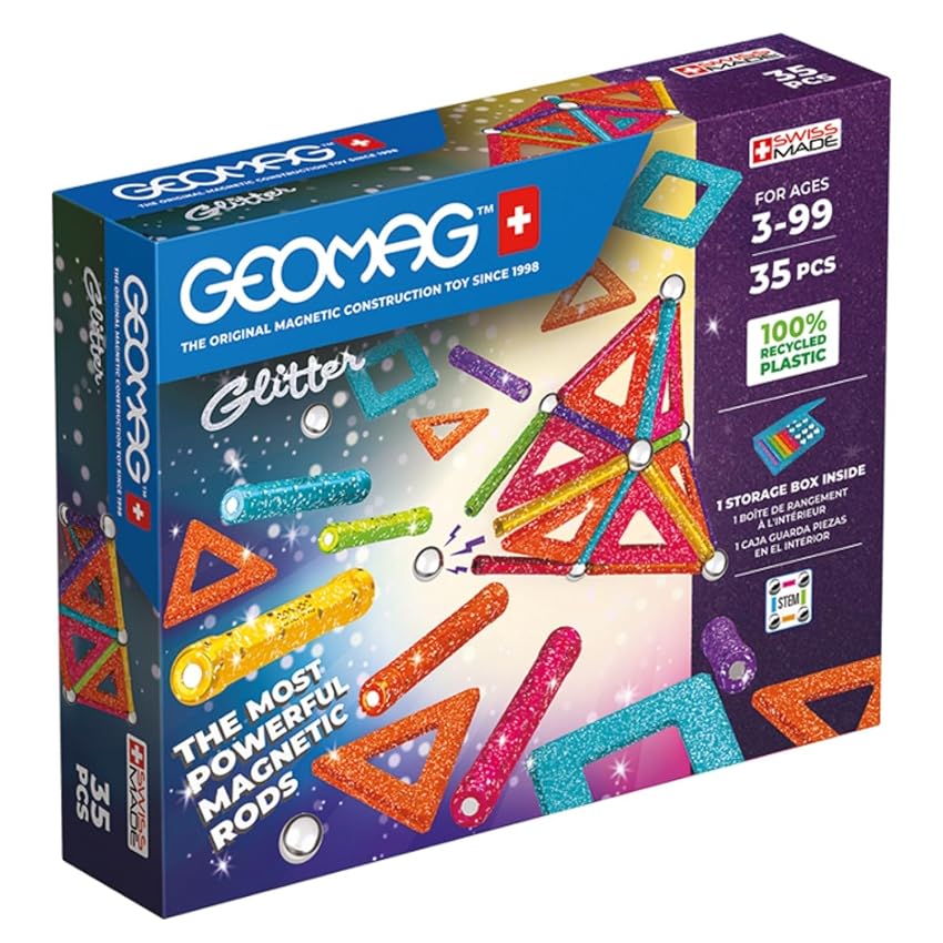 Immagine del prodotto Geomag, Glitter Recycled, Costuzioni Magnetiche Effetto Glitter, Barrette Magnetiche Scintillanti e Colorate, Confezione da 35 Pezzi, Plastica 100% Riciclata