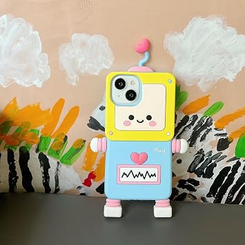 3D カートゥーンケース iPhone 15 Plus用 面白い かわいい ロボット クール かわいい ソフト シリコンケース 女性 ガールズ 耐衝撃プロテクター カバー iPhone 15 Plus対応
