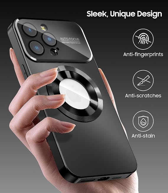 MAKAVO Magnetic for iPhone 15 Pro Case, Compatible with MagSafe, Built-in Camera Lens Protector, Logo View, Military Grade Drop Proof Phone Case Cover, Black
