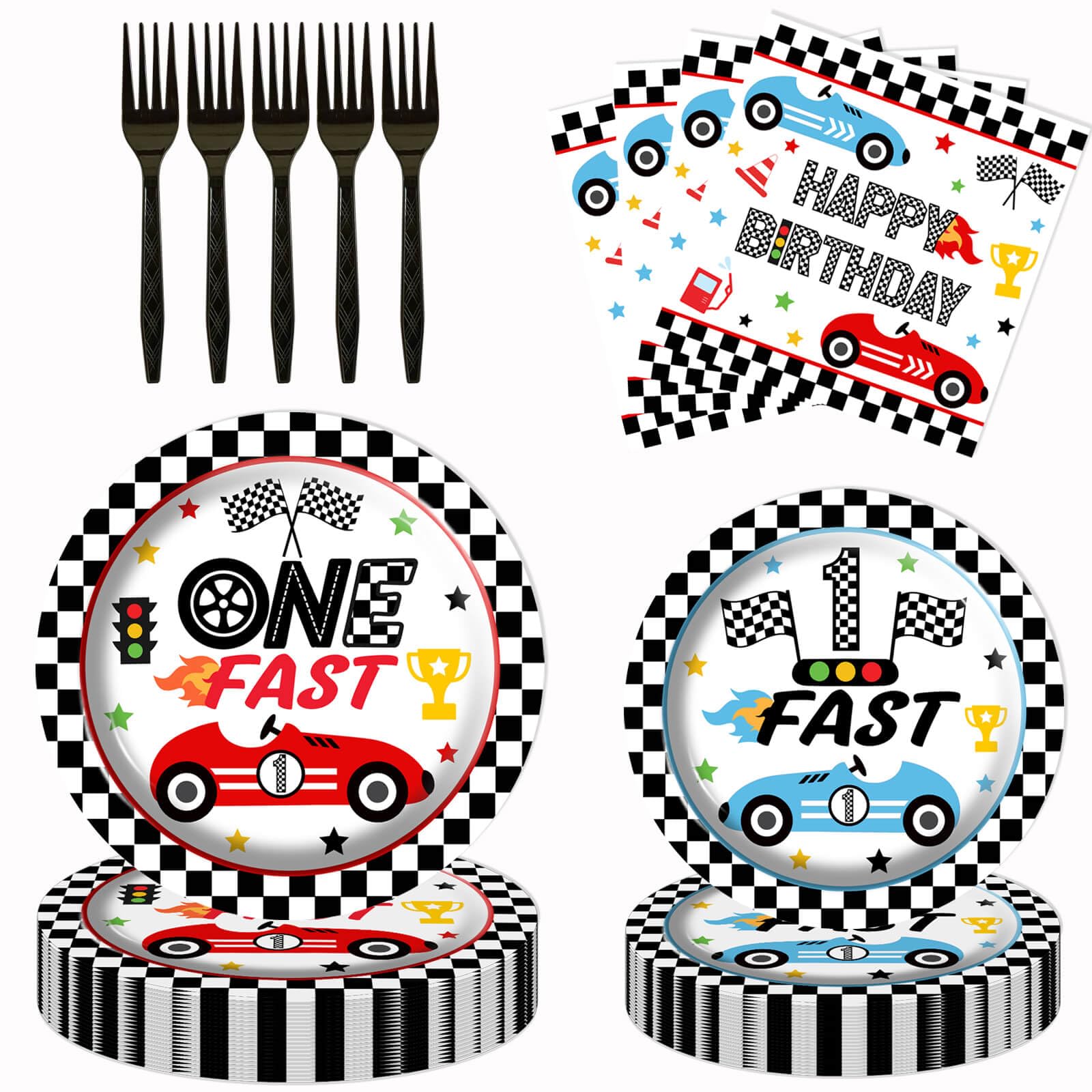 80pcs Race Car 1st Birthday Party Plates, Fast One Black and White Checkered Flag Plates Napkins Forks Tableware Kit for Baby Boys Racing Car Theme