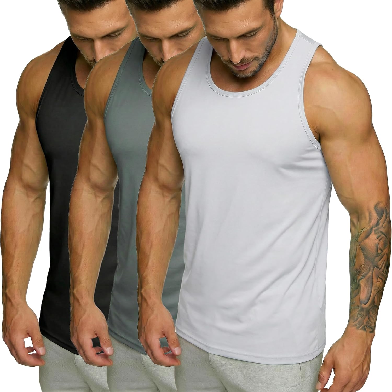 MAGCOMSEN 3 Pack Men's UPF 50+ Tank Top Quick Dry Summer Workout Muscle Sleeveless Shirts for Swim Beach Bodybuilding