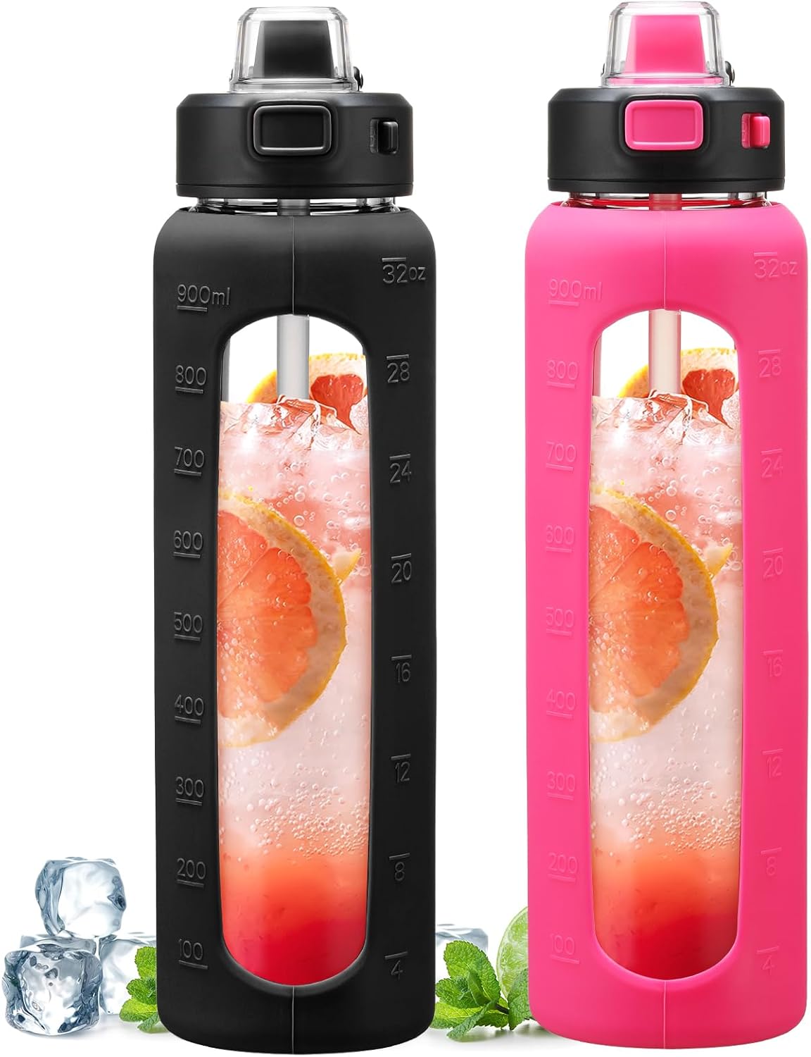 Kodrine Water Bottle with Soft Straw and Carry Loop, 32 oz Glass Water Bottle, Bottle with Locking Lid Leakproof, Motivational Glass Drinking Bottles for Gym Travel Home, Black&Rose Red