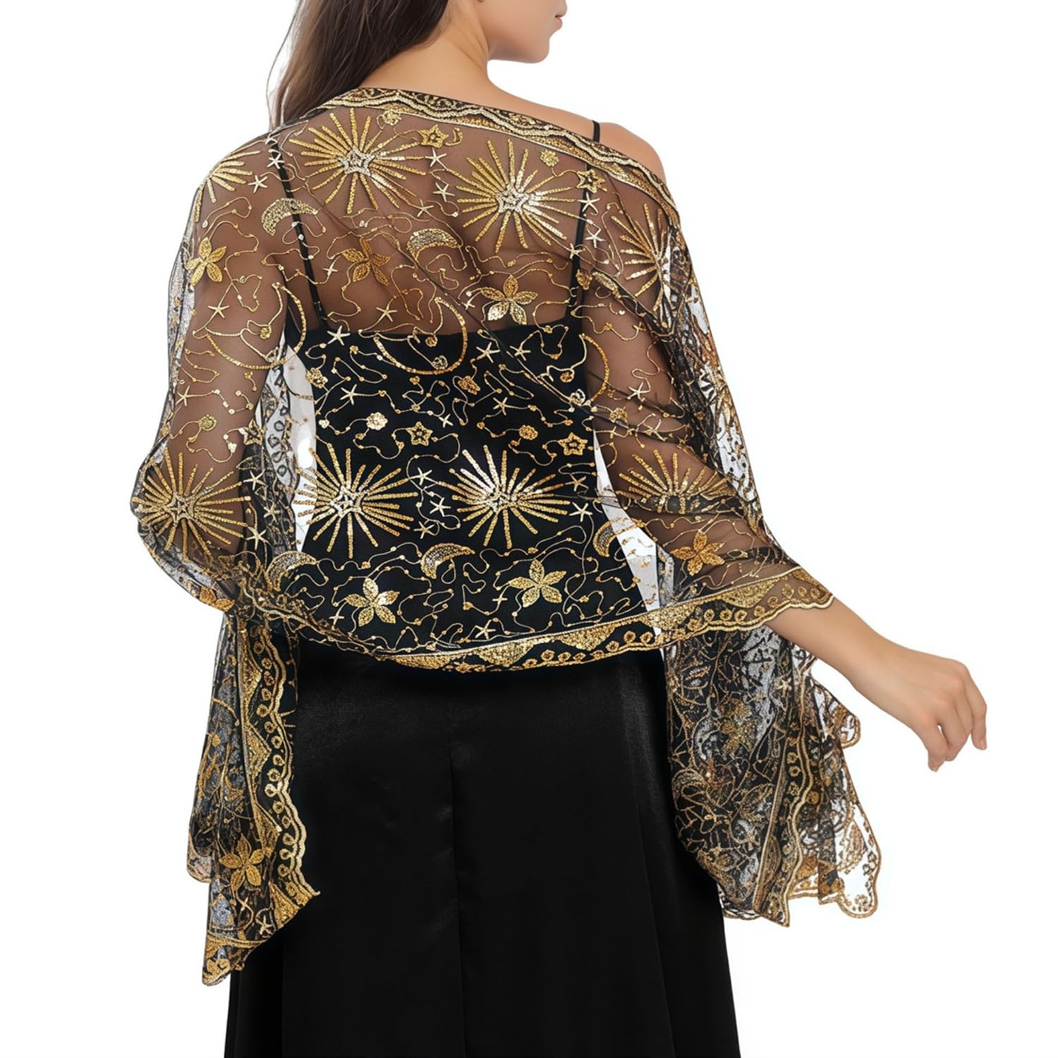 Manjiamei Women's Black Gold Sequin Shawls And Wraps For Evening Dresses, Elegant Embroidered Sparkly Stars Moons Long Scarf Sheer Mesh Wedding Stole For Bridal Cocktail Parties Proms,