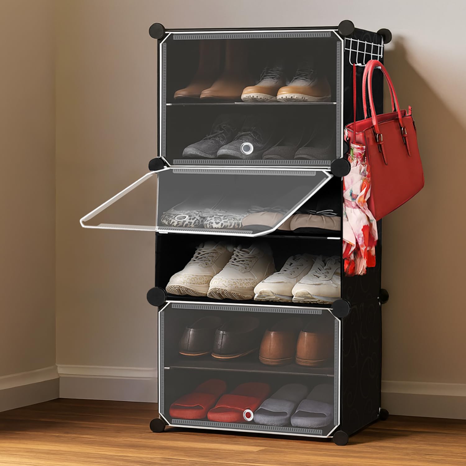 ABOUT SPACE Shoe Rack for Home with Door - 12 Pair DIY Slipper Stand with Hanger, 3 Cube Expandable Shelves Closed Shoes Rack for Home Men, Women Heels Boots Flip-Flops (L 40 x B 30 x H 90 cm)-Black-image-44