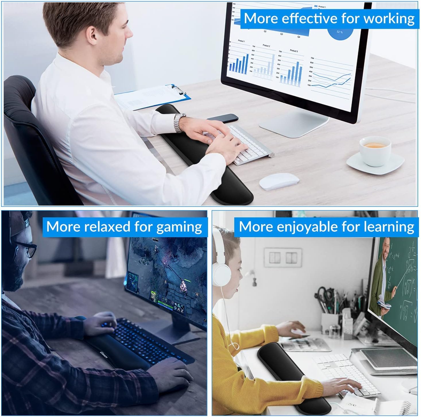 Gimars Keyboard Wrist Rest Pad with 63D High-Density Thicken Enlarge Memory Foam, Anti-Slip Rubber Base and Ergonomic Design for Office,Gaming, Computer, Laptop, Mac, Carpal Tunnel Pain Relief, Black