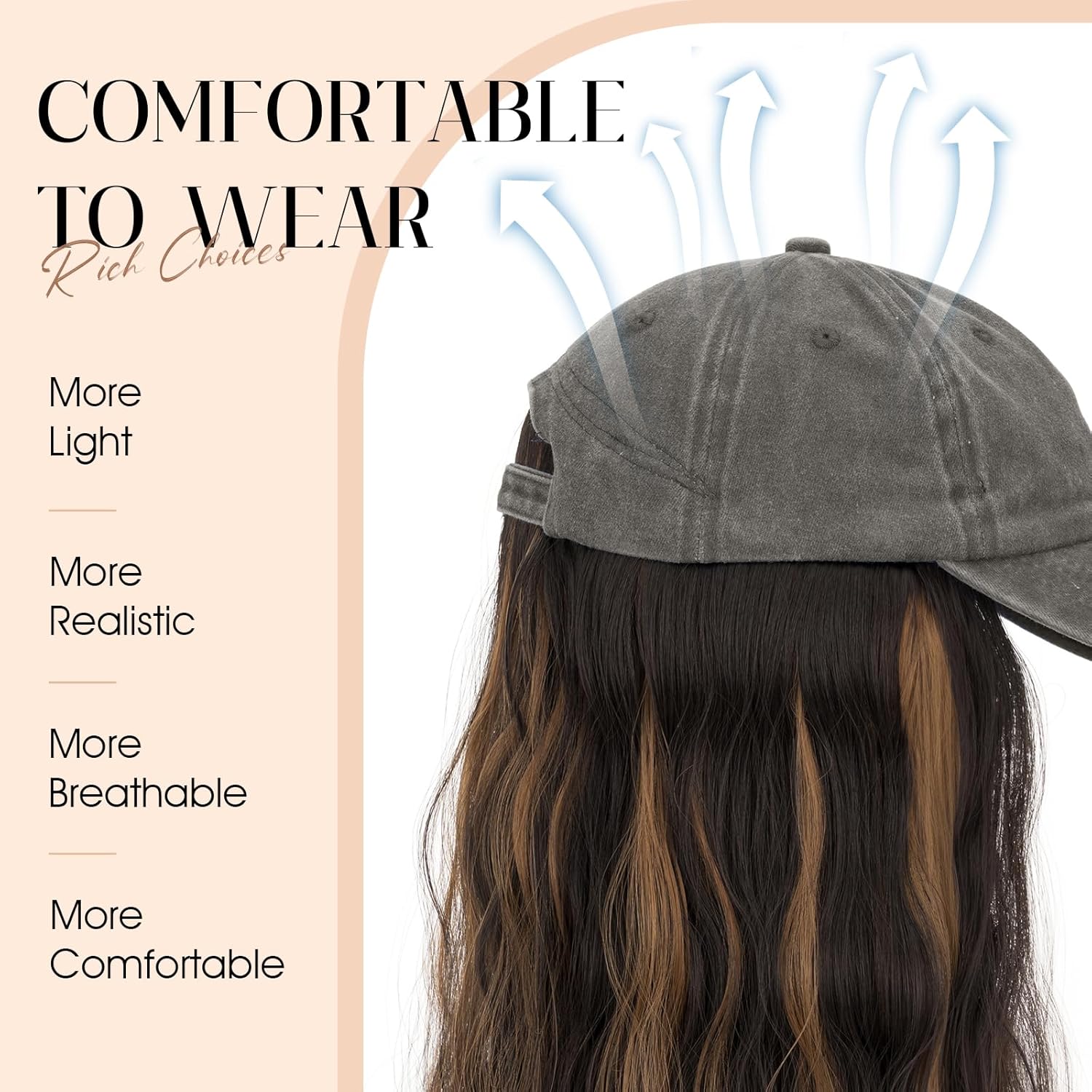 Rich Choices Hat Wigs for Women,Dark Gray Baseball Cap with Hair Extensions for Women,Caps with Wavy Curly Long Hair Attached Adjustable Baseball Cap Wig 18 Inch Highlighted Dark Brown Hair