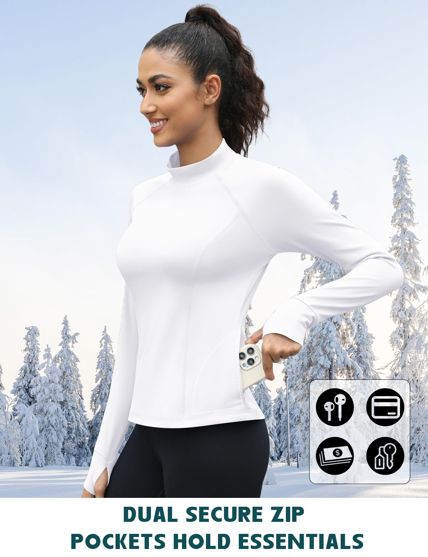 Maglietta termica da donna, a maniche lunghe, con due tasche, in pile, a maniche lunghe, per sport, traspirante, funzionale, lunga corsa