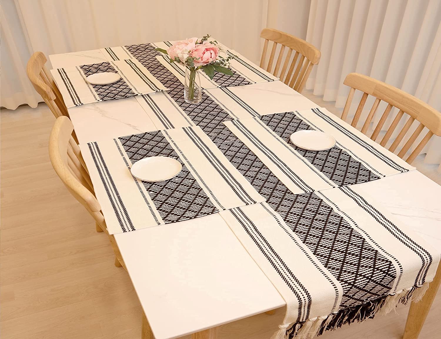 ALSTONIA Handmade Cotton 6 pcs Dining Table Placemats(13x19 inches) with 1 Table Runner(14x72 inches) | Heat Resistant Dining Table Place Mats for Dining Table-(Set of 7) (Black & White) (B0D8F9WNLX) Amazon Price History, Amazon Price Tracker