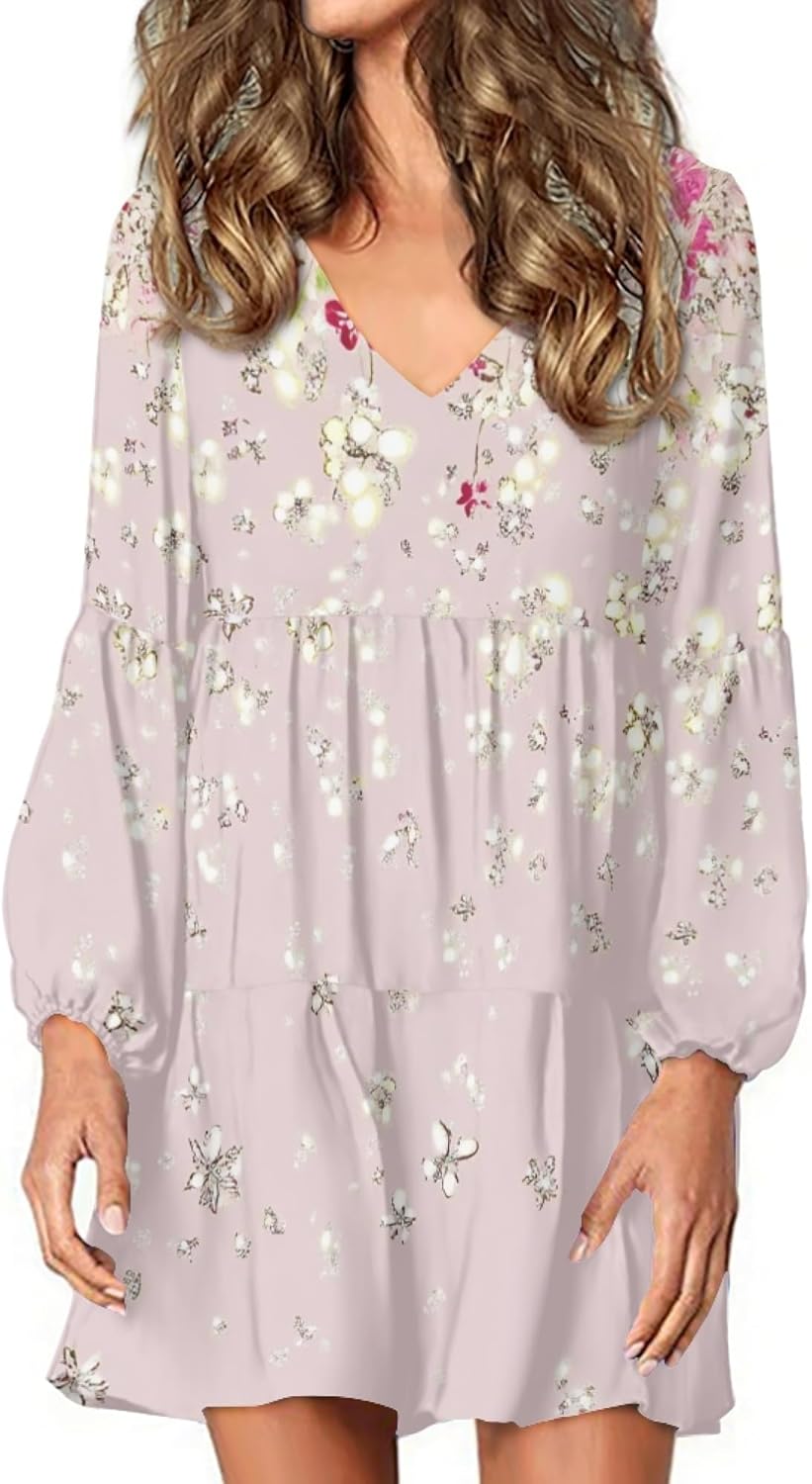 Women 2025 Floral Print Puff Long Sleeve V Neck Smocked Midi Casual Dress Empire Waist Tiered Swing Flowy Dress