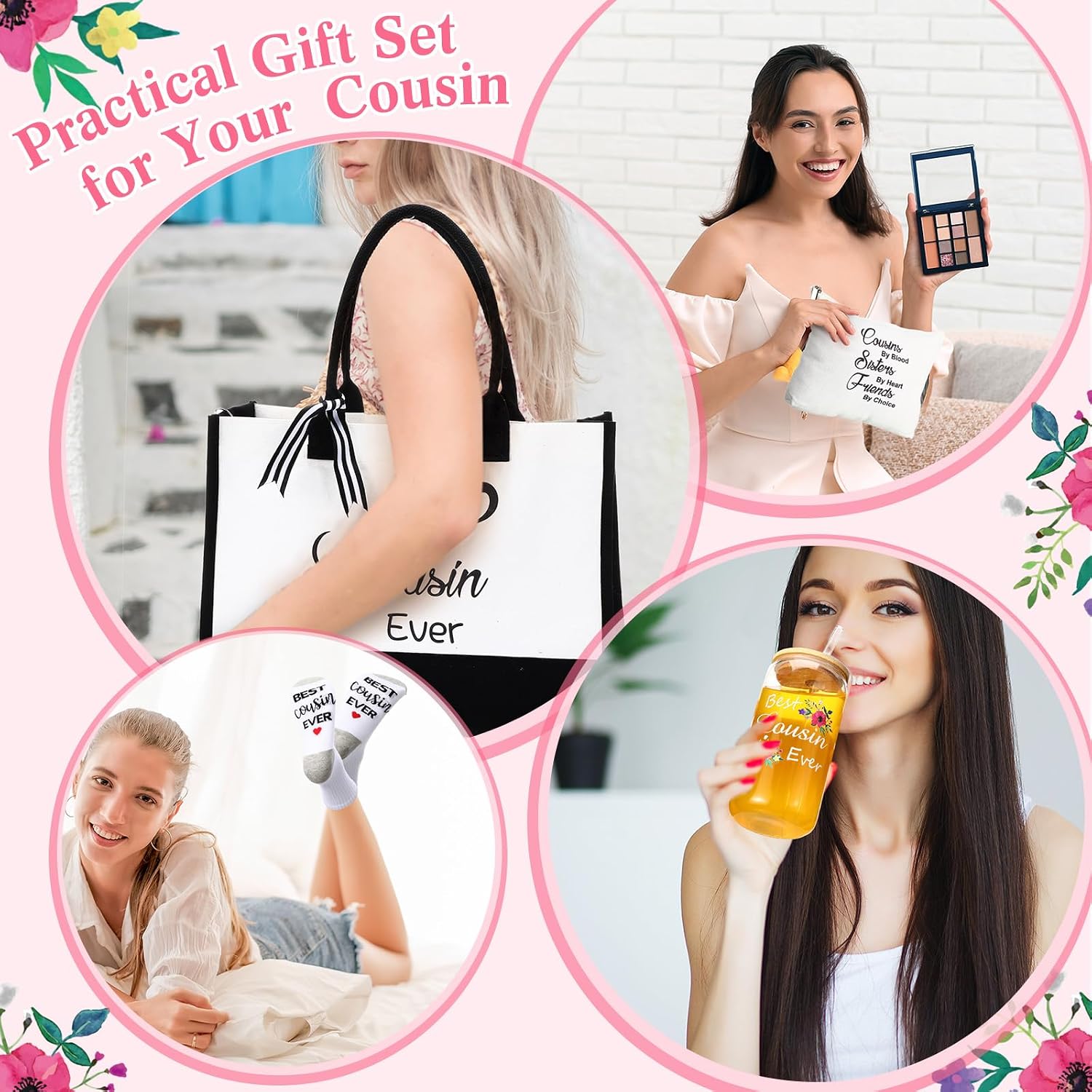 Funnymoom 5 Pack Cousin Gifts for Women, Best Cousin Ever Themed Gifts Ideas for Birthday, Thank You Set with Canvas Tote Bag, Canvas Makeup Bag, 16 oz Drinking Glass Cup, Socks and Keychain image 3