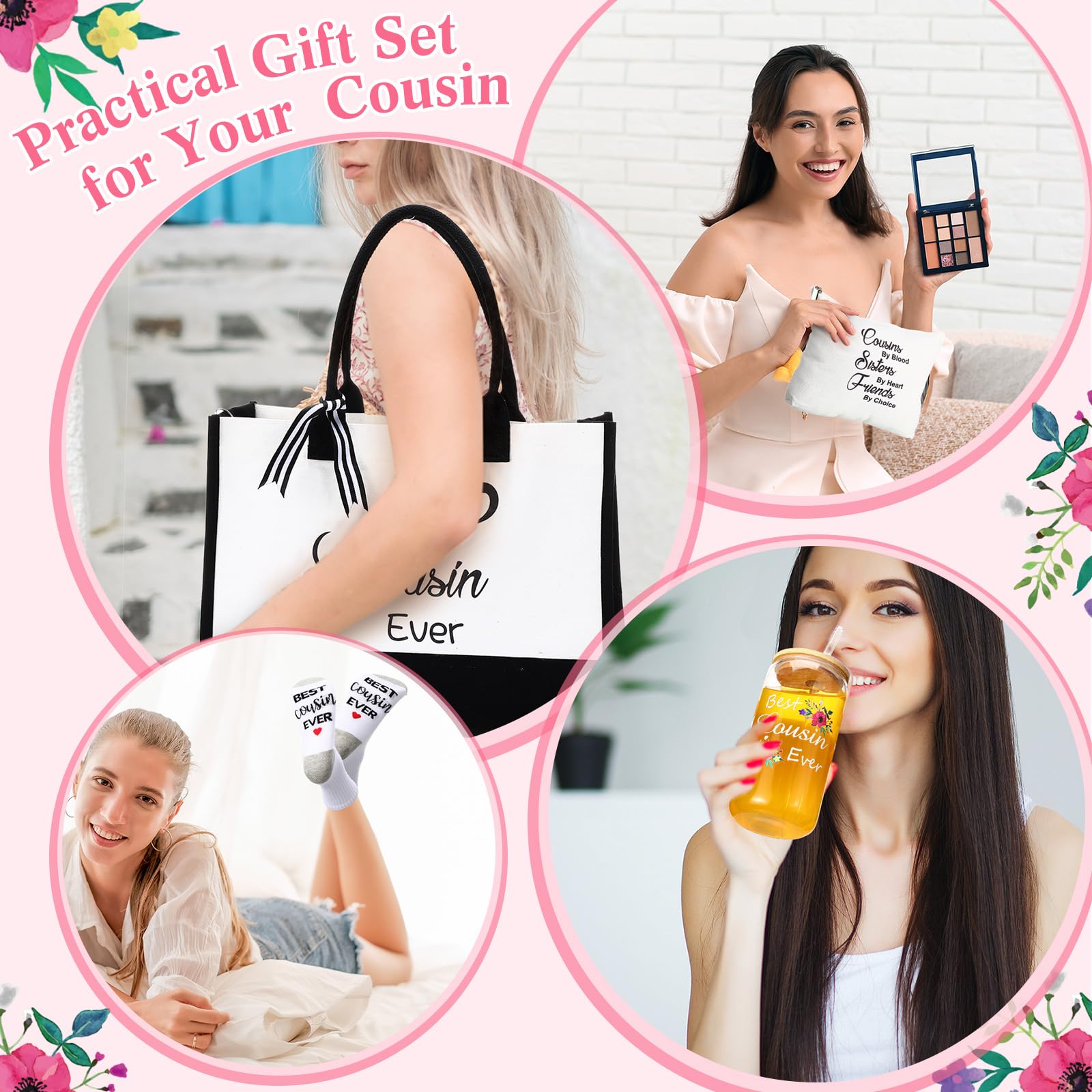 Funnymoom 5 Pack Cousin Gifts for Women, Best Cousin Ever Themed Gifts Ideas for Birthday, Thank You Set with Canvas Tote Bag, Canvas Makeup Bag, 16 oz Drinking Glass Cup, Socks and Keychain