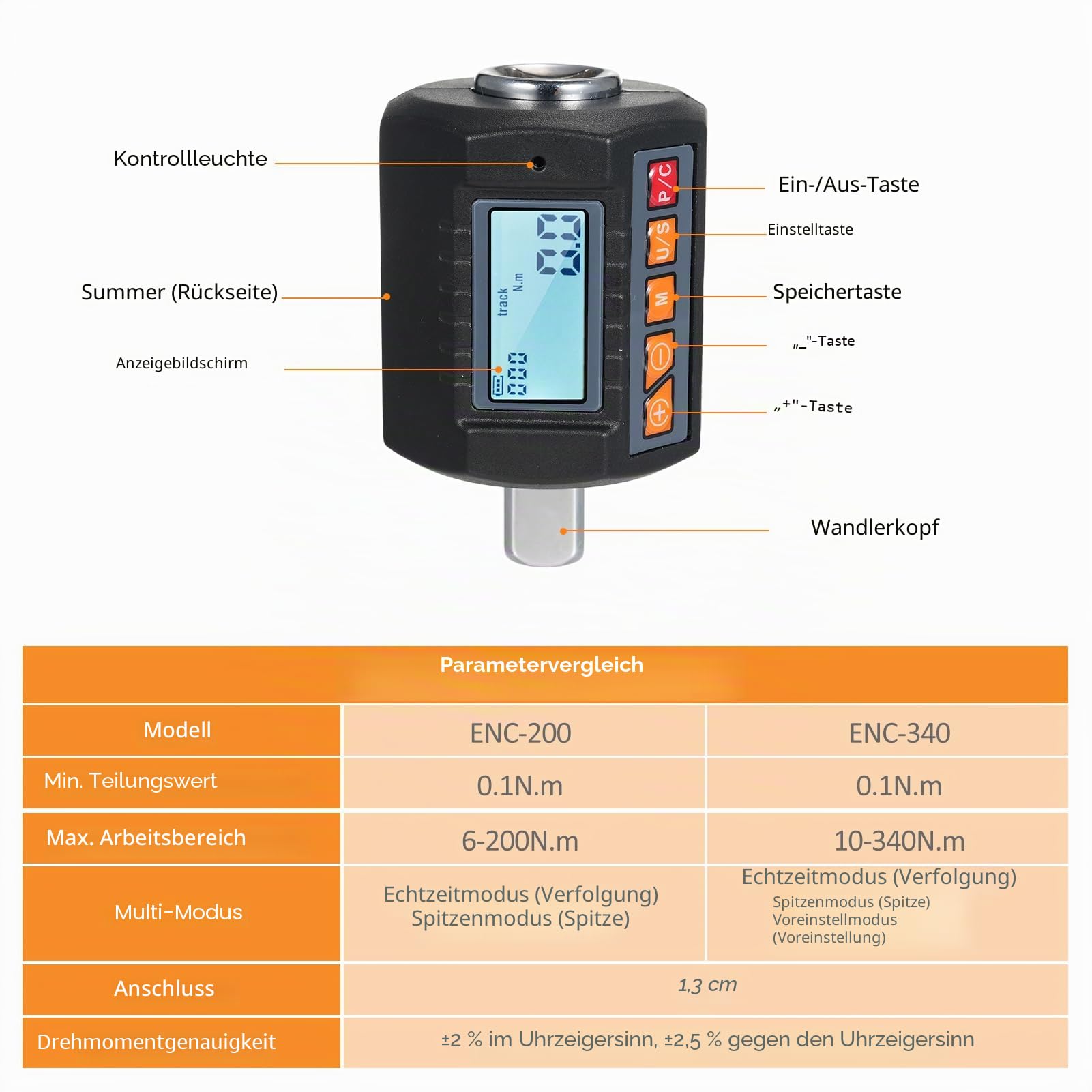 Drehmomentprüfer mit digitalem Display, Torsionsprüfer mit Schlüssel 1/2 Zoll und enthält Adapter für 3/8 Zoll und 1/4 Zoll mit Alarmfunktion von 4 hochpräzisen Torsionseinheiten