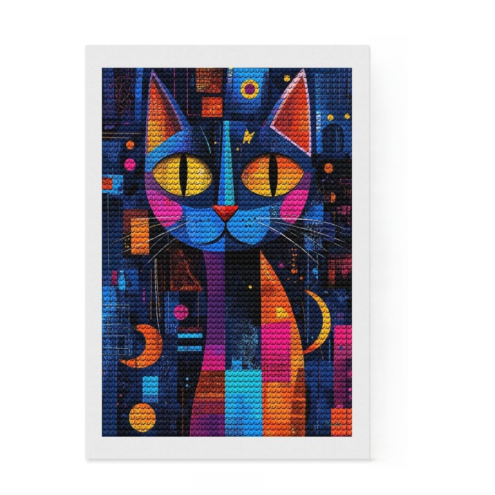 Junmoney Expressionist Geometry Cat – Vibrant Abstract Feline Art Diamond Art Kit 8"x12", for Family Craft Time, Adhesive Canvas, Modern Decor, Festive Craft Gift, with Tool Kit