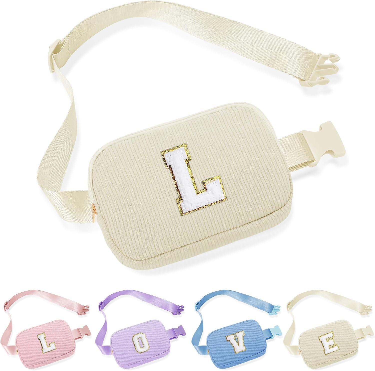 Parima Bum Bag Women Girls - Letter Bum Bag Corduroy Belt Bag Women's Small Waist Bag Personalised Gifts Birthday Gift for Girls Women Bum Bag with Letters, beige, L