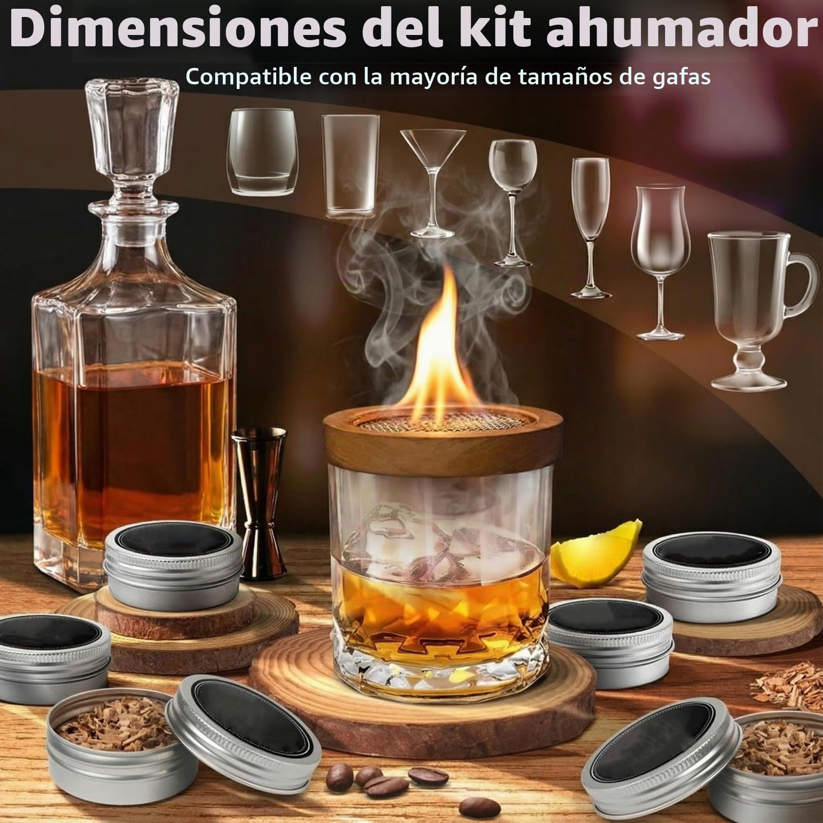 Kit Ahumador para Whisky - Set con 8 Aromas de Madera y Piedras para Whisky - Accesorios Bar para Cócteles y Regalo Hombre Padre y Novio
