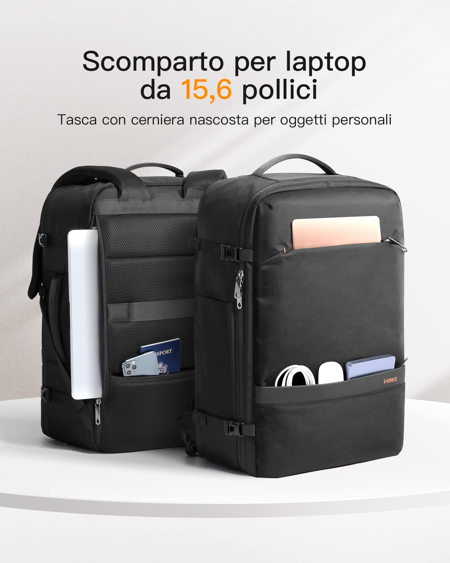 Inateck Zaino Viaggio 42L, Bagaglio a Mano, Borse da Cabina Resistente agli Schizzi, per Uomo e Donna, Compatibile con 15,6 Pollici PC, Nero