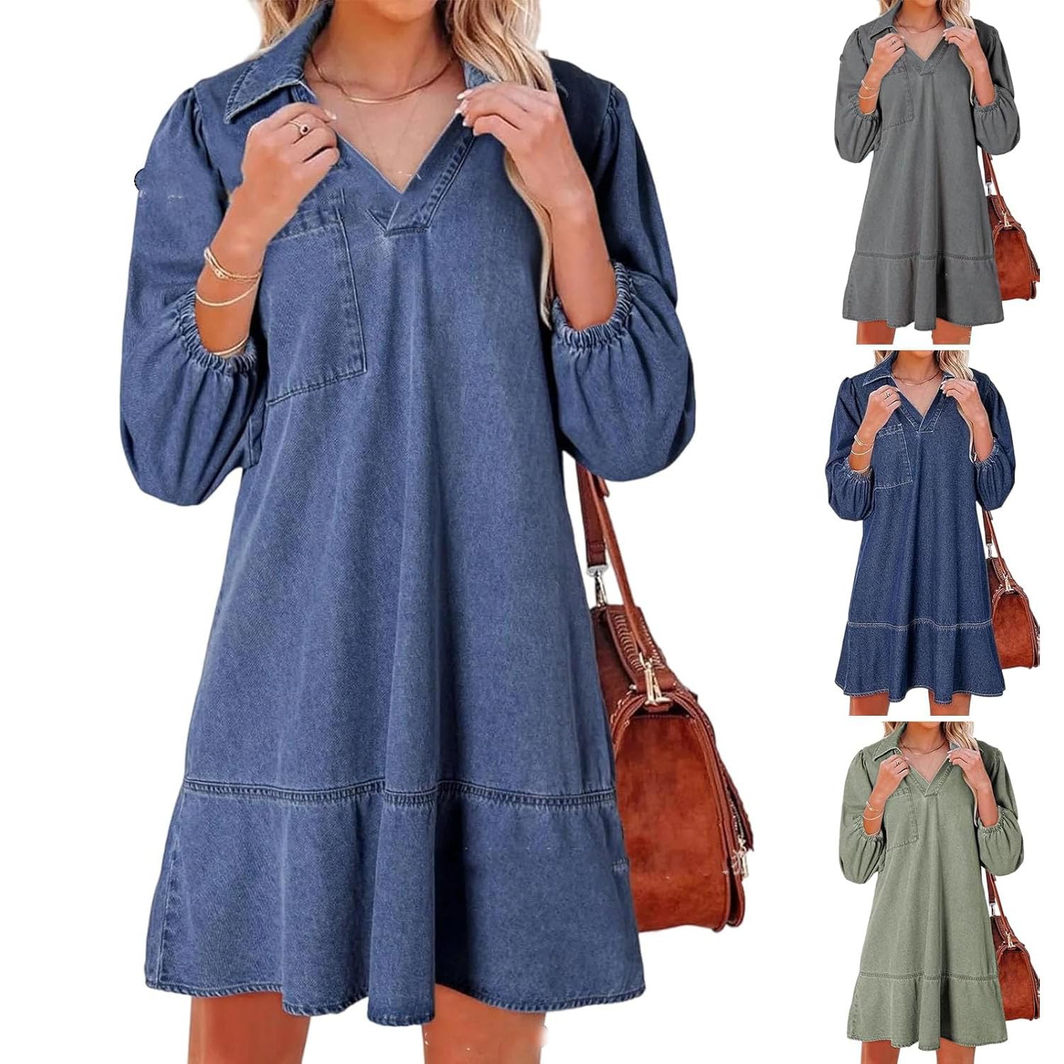 Vestido Vaquero con Capas, Cuello en V y Mangas abullonadas para Mujer, Vestidos Vaqueros con Volantes y Mangas 3/4, Vestido Vaquero Camisero Holgado de Verano con Bolsillos. (Dark Blue,XL)