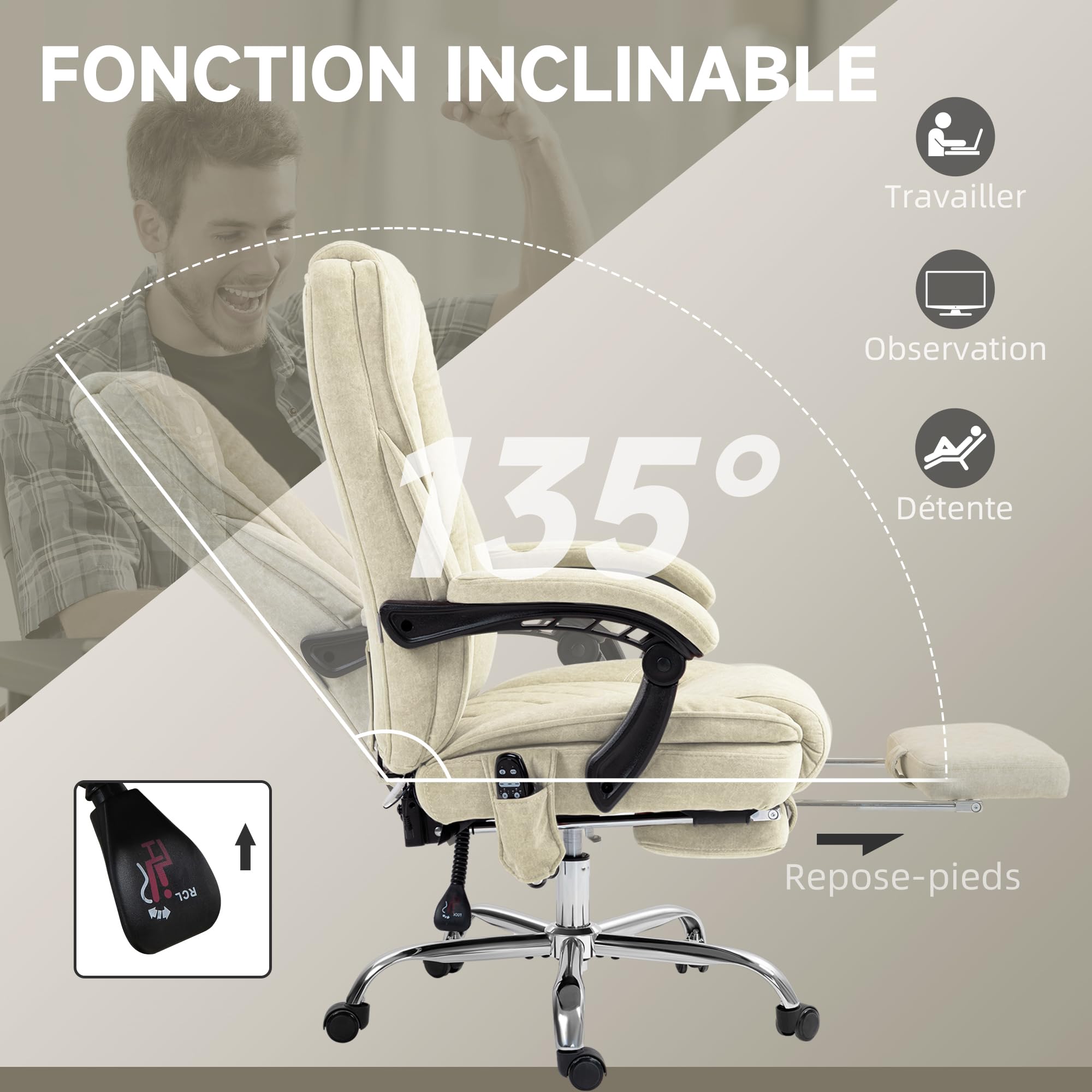 Vinsetto Silla de Oficina ergonómica con Masaje y calefacción, Beige