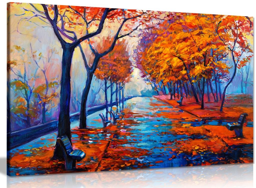 Panther Print Blue, Orange Autumn Park Abstract Oil Painting Autumn Park With Empty Benches Canvas Wall Art Picture Print (36X24in)