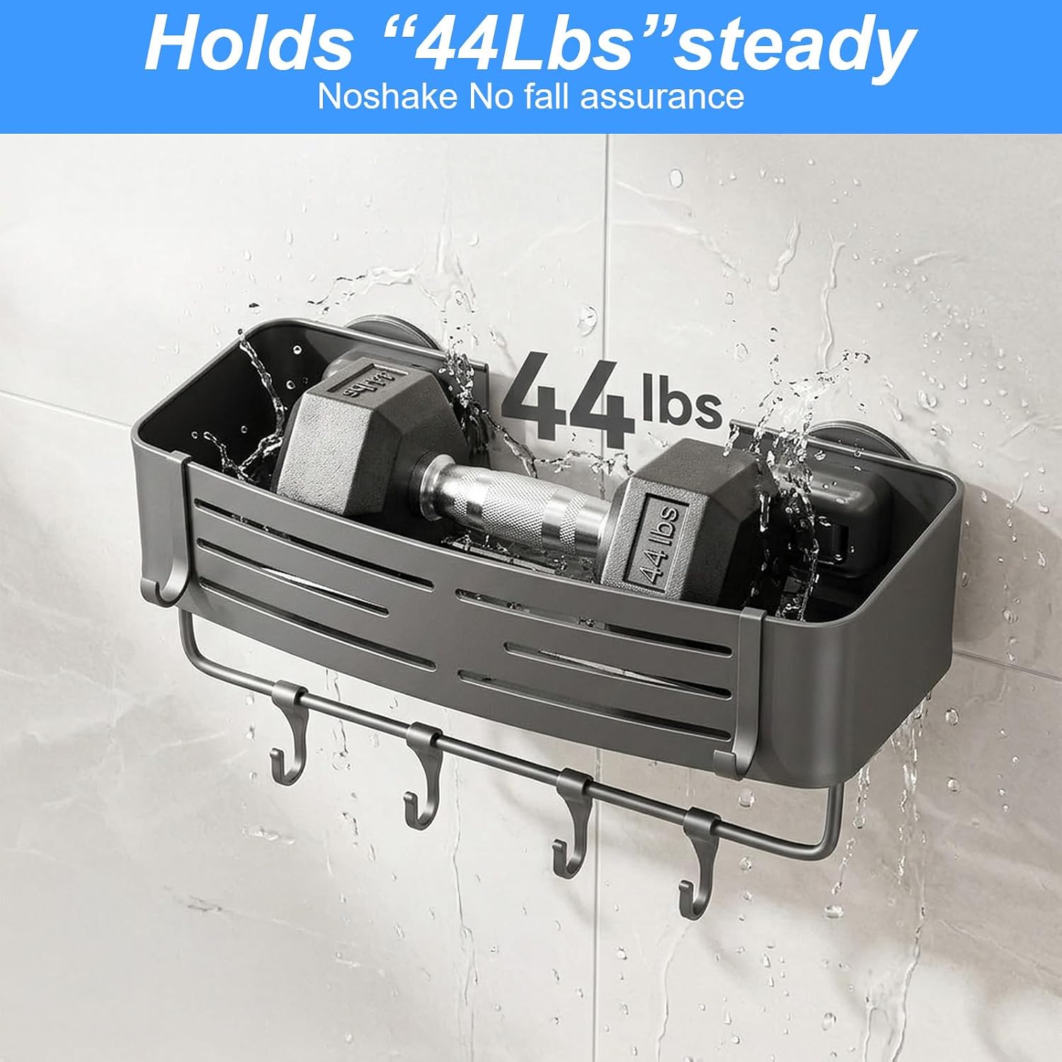 Kenaoeooe Suction Cup Shower Caddy 2 Pack Shower Shelves with Towel Bar and Hooks No Drill Removable Bathroom Organizer Large Capacity Rustproof Waterproof Storage, Gray