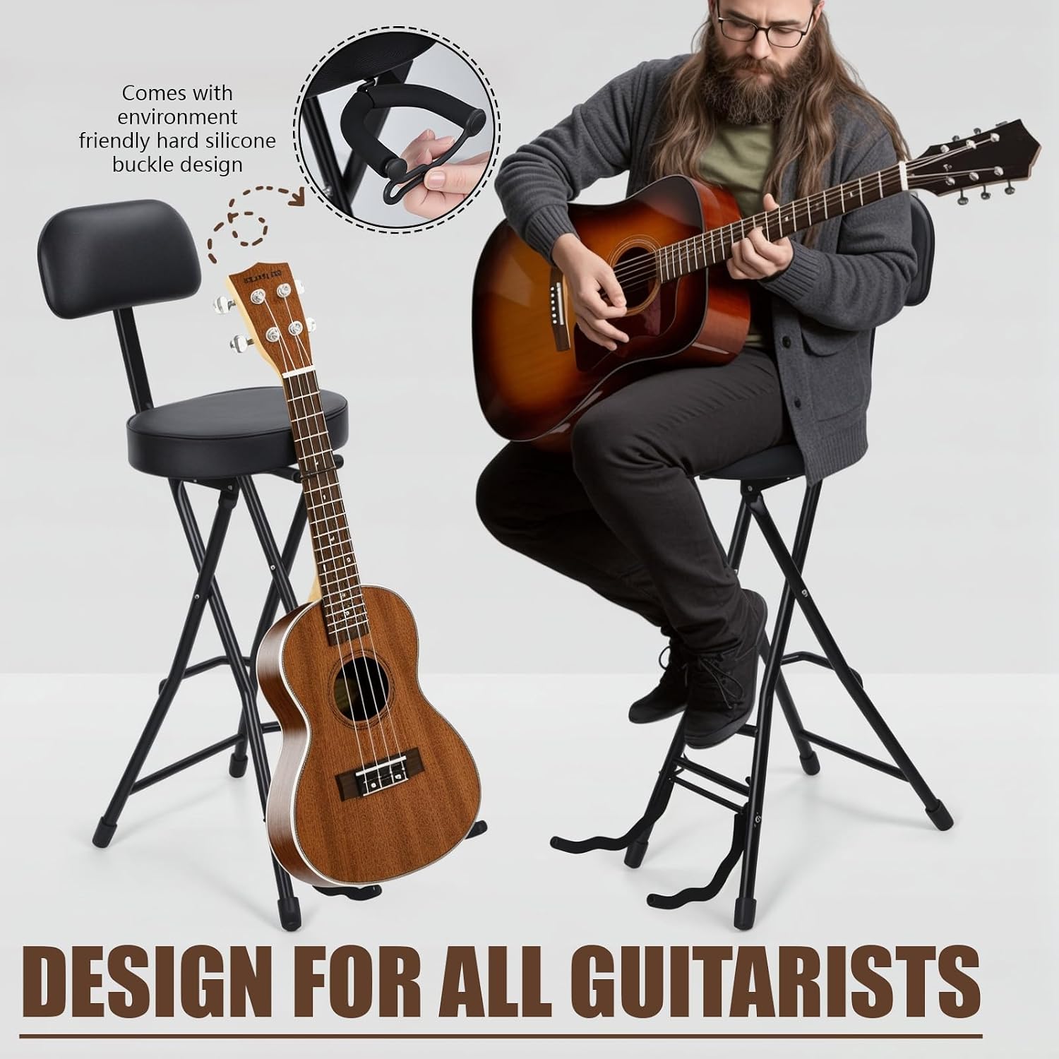 Guitar Stool with Thick Padded Cushion, Guitar Chair, Ergonomic Backrest Heavy Duty 300 Pound Capacity Portable Seat with Foot Rest, Folding Stand, Accommodates Acoustic Bass, Fretboard