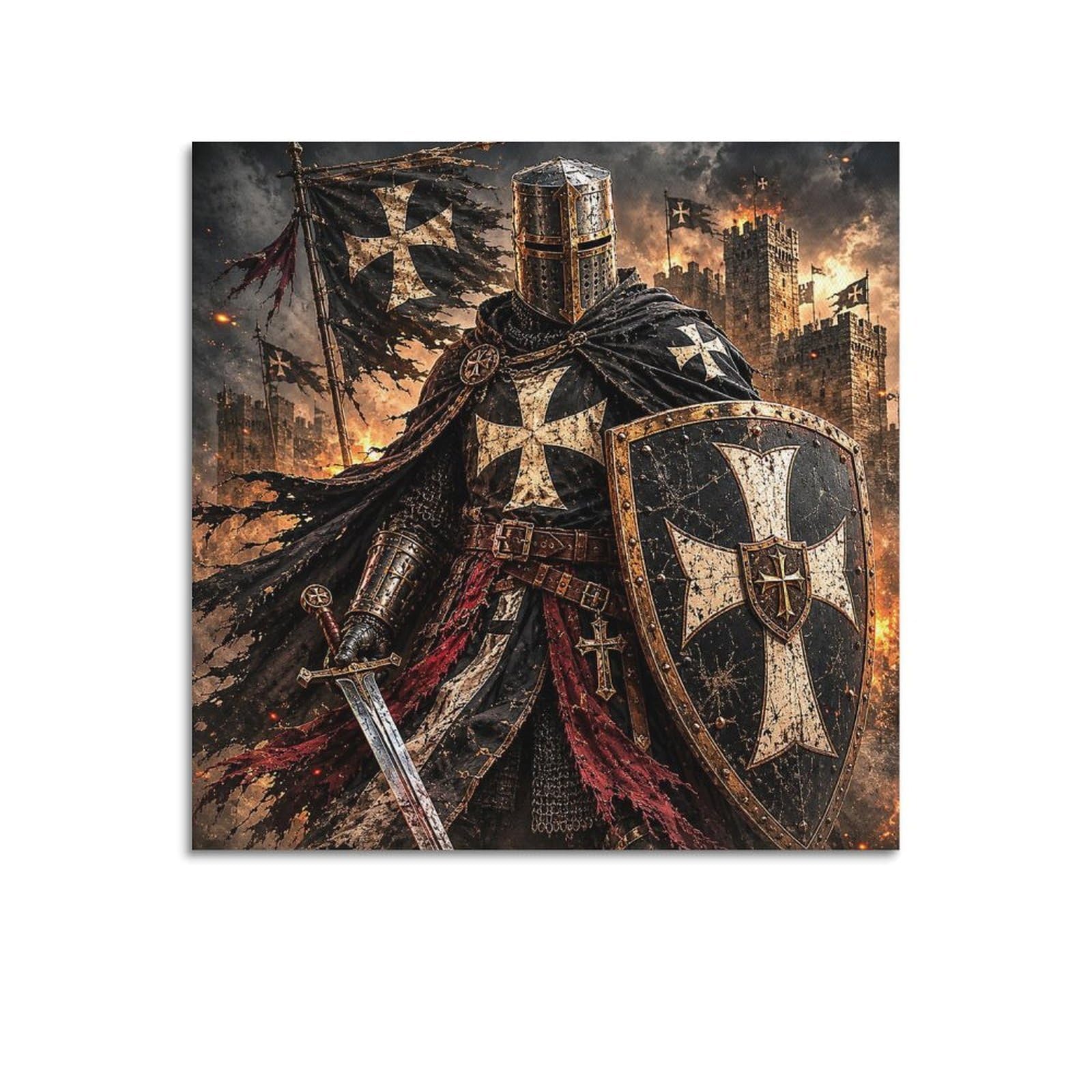 XKUGA Hospitaller Knight Cloak White Cross Fortress Armor Poster Modern Decorative Canvas Prints - Ideal Wall Art for Family, Man Cave, Game Room, Boys & Girls Bedroom 16x16inch(40x40cm)