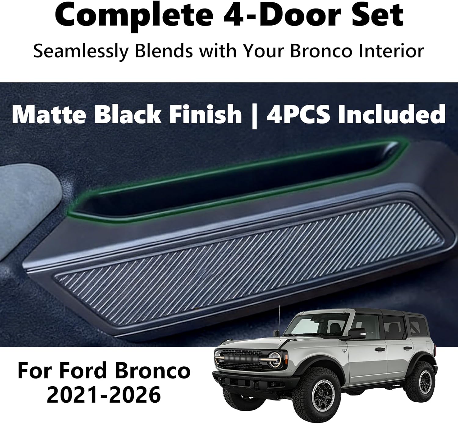 4PCS Door Storage Box Organizer for Ford Bronco 2021 2022 2023 2024 2025 2026, ABS Plastic Handle Pocket with Anti-Slip Mat - Black (Not for Sport/2 Door)