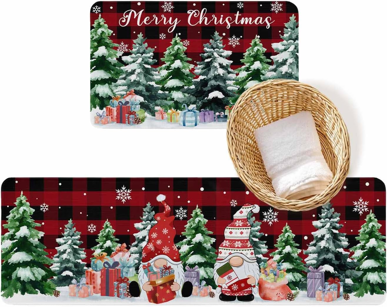 Christmas Kitchen Rugs Set of 2 Gnome Kitchen Mats Buffalo Check Plaid Xmas Tree Doormats Non Skid Area Runner Rugs Carpet Absorbent Floor Mat for Kitchen Home Winter Holiday Christmas Decorations